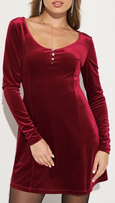 Червона велюрова міні-сукня з довгим рукавом XS
