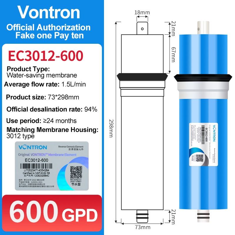 Profesjonalna membrana do filtra wody, odwrócona osmoza Vontron 600gpd