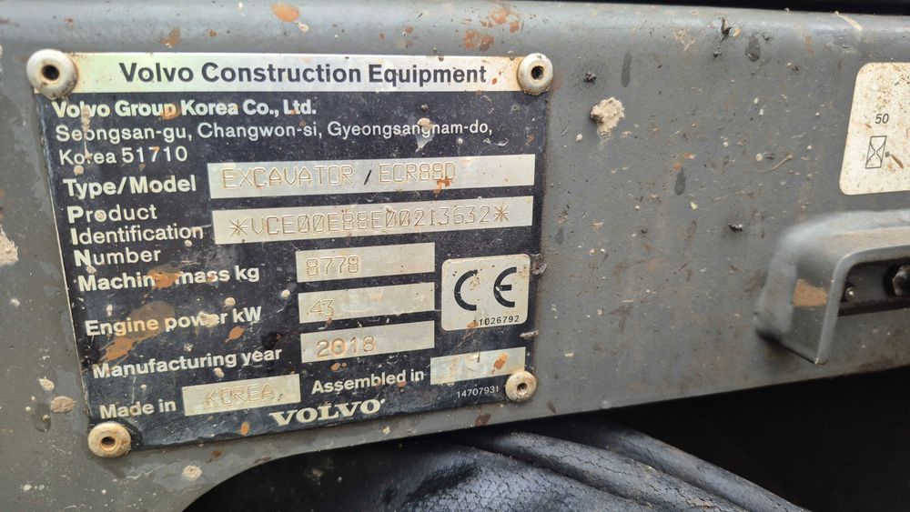 Koparka gąsienicowa VOLVO ECR88D 2018 Rok, Cena netto 125 000 PLN