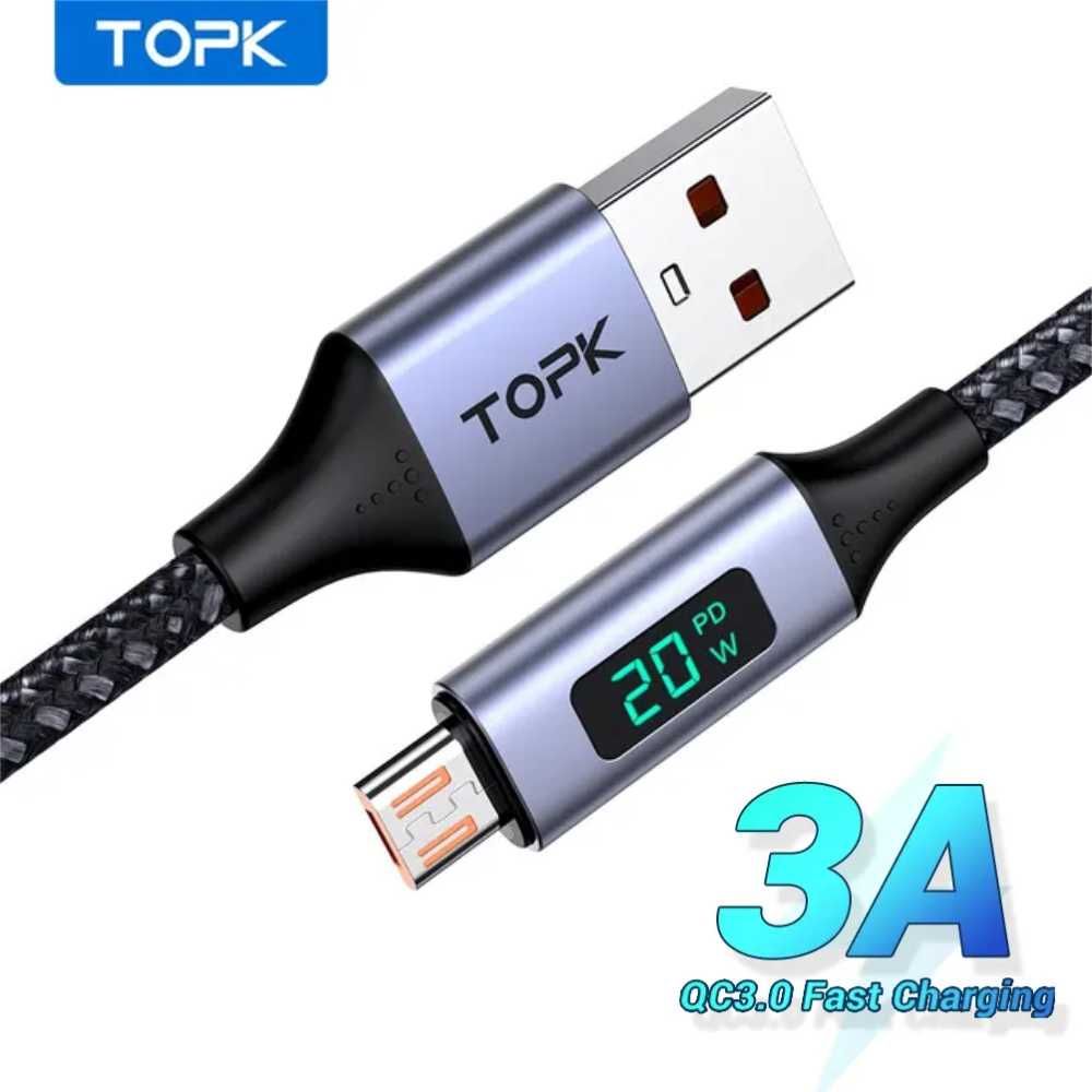 TOPK MicroUSB: Kabel z LCD Szybkie Ładowanie 3A QC i Przewód 1m Szary!