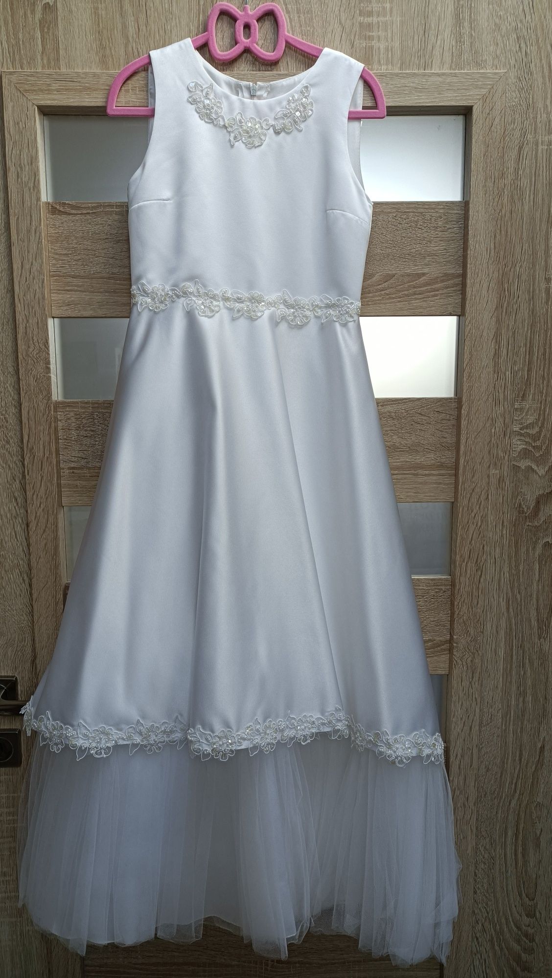 Biała perłowa sukienka komunijna 134, na wesele, komunia, Buty gratis!