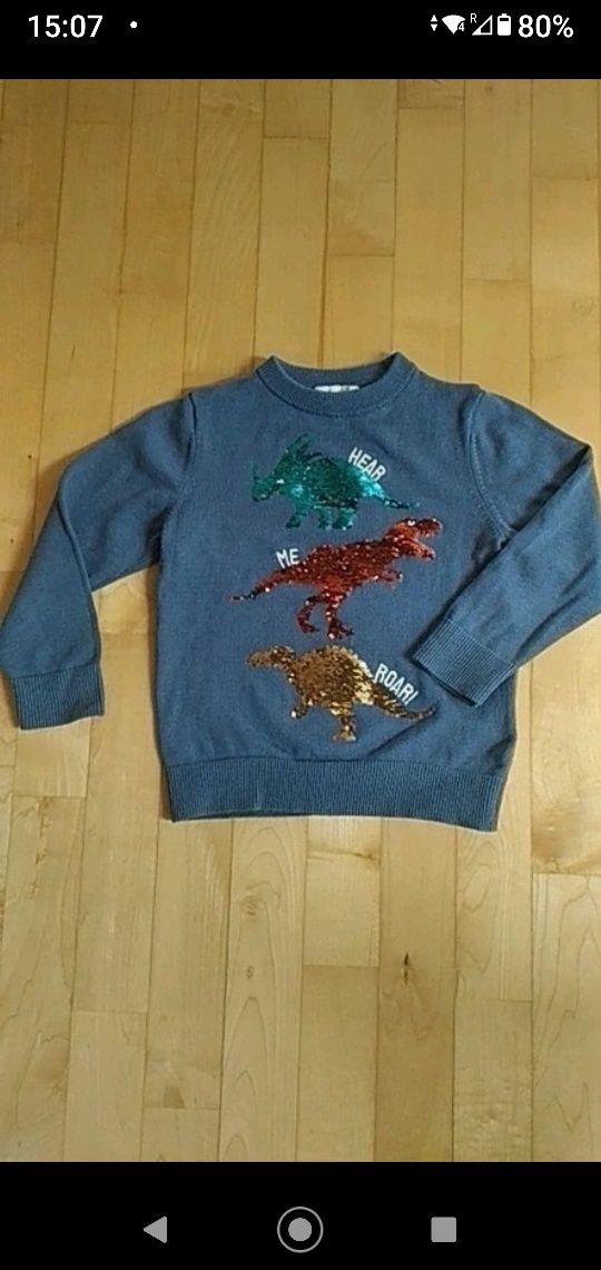 Sweter chłopięcy niebieski dinozaury cekiny H&M 3-4lata