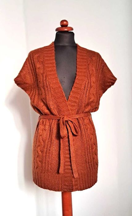 Dzianinowa ruda kamizelka sweter z paskiem warkocze S M kimono
