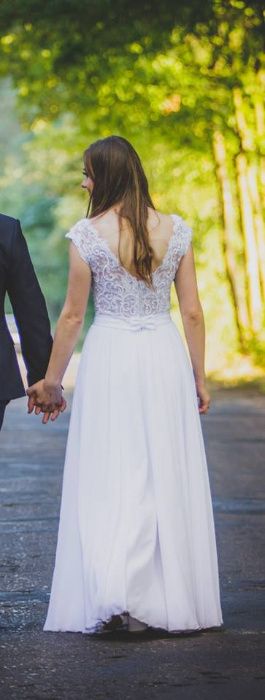 Suknia ślubna, biała, koronka, muślin 38
