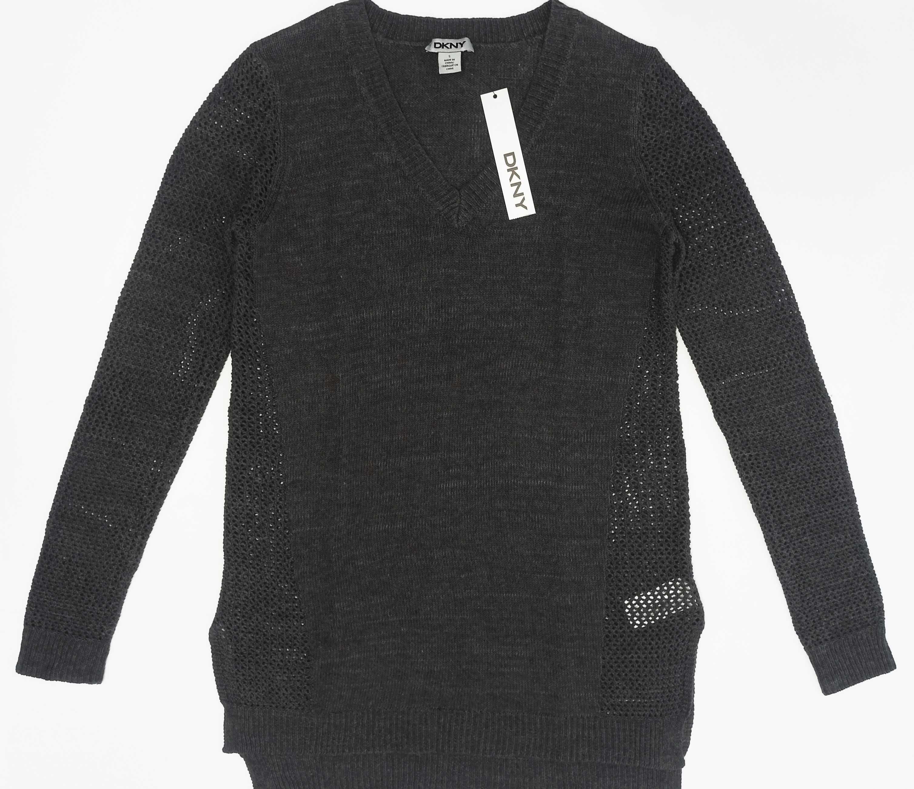 DKNY Donna Karan Cienki Sweter Sweterek Dlugi Tunika V-Neck w Serek