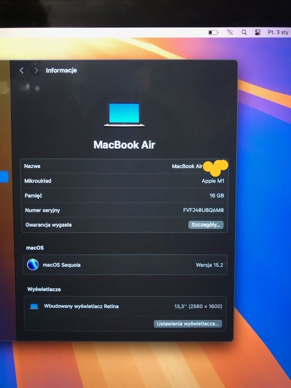 Macbook Air 13,3 m1 16gb 256gb ,Gwarancja do 27.09.2025r