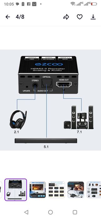 EZCOO - HDMI Splitter 1x1 Audio Extractor 4K 60H, HDMI 2.0 Repeater