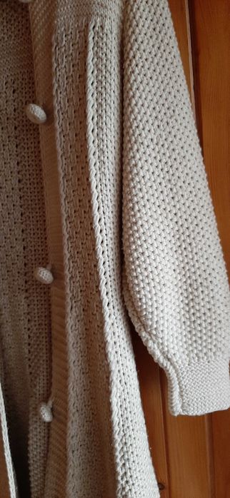 Elegancki Sweter Kardigan Damski 42/44 Ecru/Beż Dzianinowy Długi