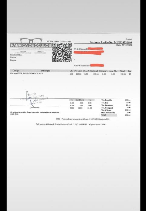 Óculos ray ban novos com fatura