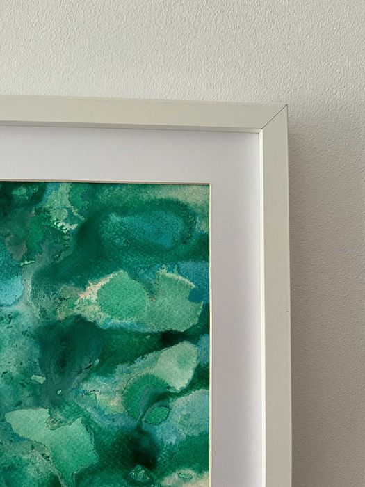 Pintura abstrata em acrílico em tons de verde e azul