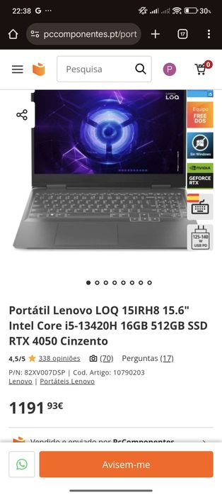 Portátil Lenovo LOQ 15IRH8 15.6" Intel Core i5-13420H 16GB 512GB SSD R