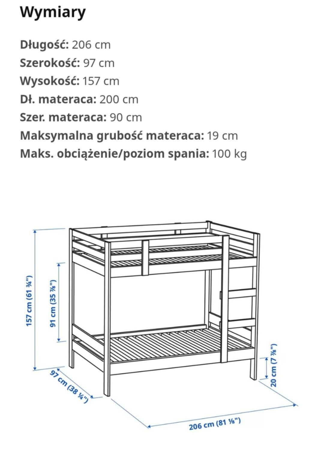 Łóżko piętrowe MYDAL Ikea 90 x 200 cm z materacami