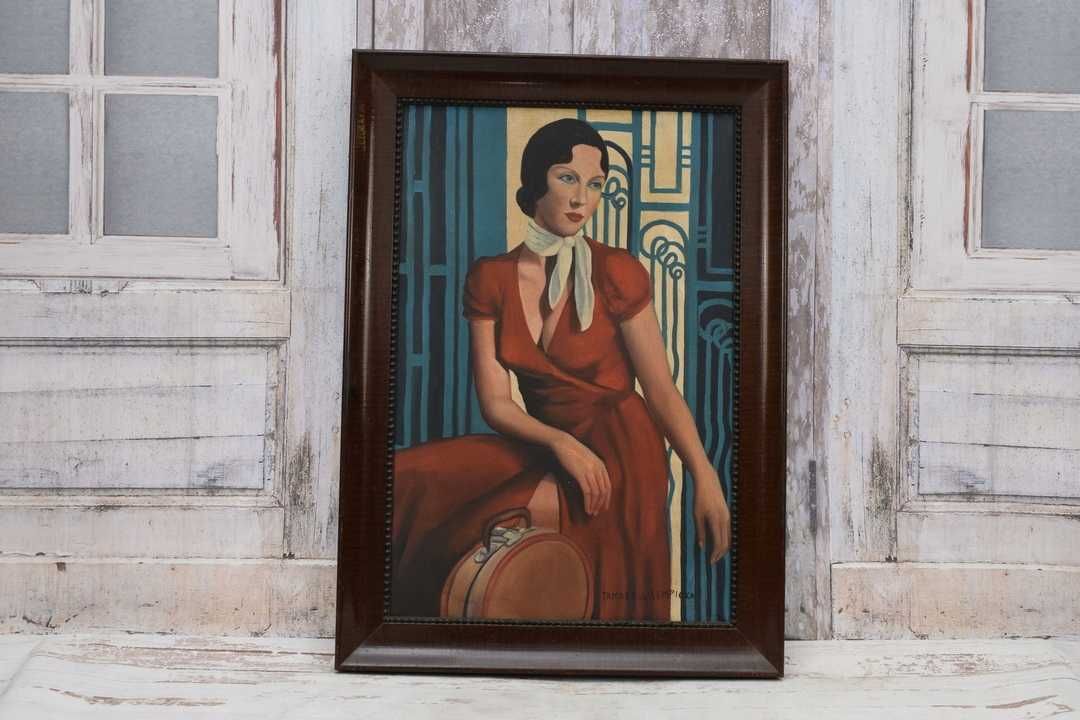 T De Łempicka - Portret Kobiety w Sukni - Art Deco Stary Obraz Olejny