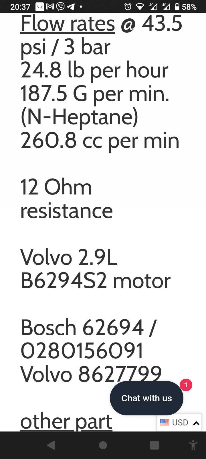 Форсунки бензиновые инжектор 2002-2004 Volvo S80 2.9L 0280156091