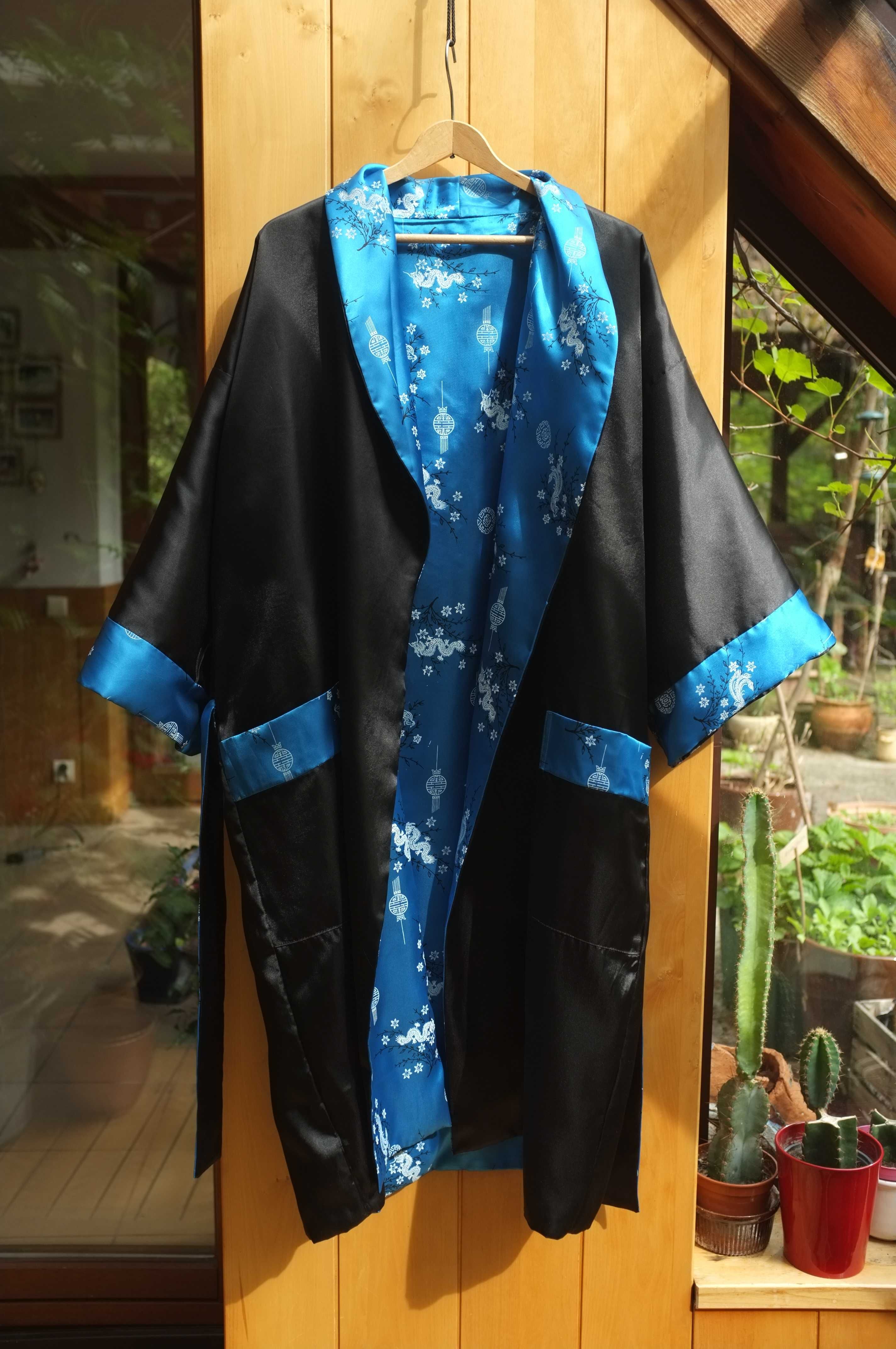 orientalny satynowy haftowany szlafrok kimono smok vintage dwustronny