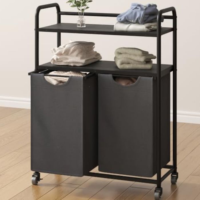 Kosz na pranie z segregacją 90 l, 2 półki kółka