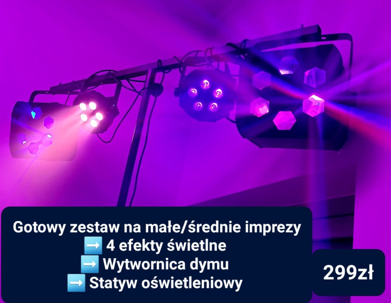 Zestaw oświetlenia na impreze estradowe muzyka dym statyw adj led