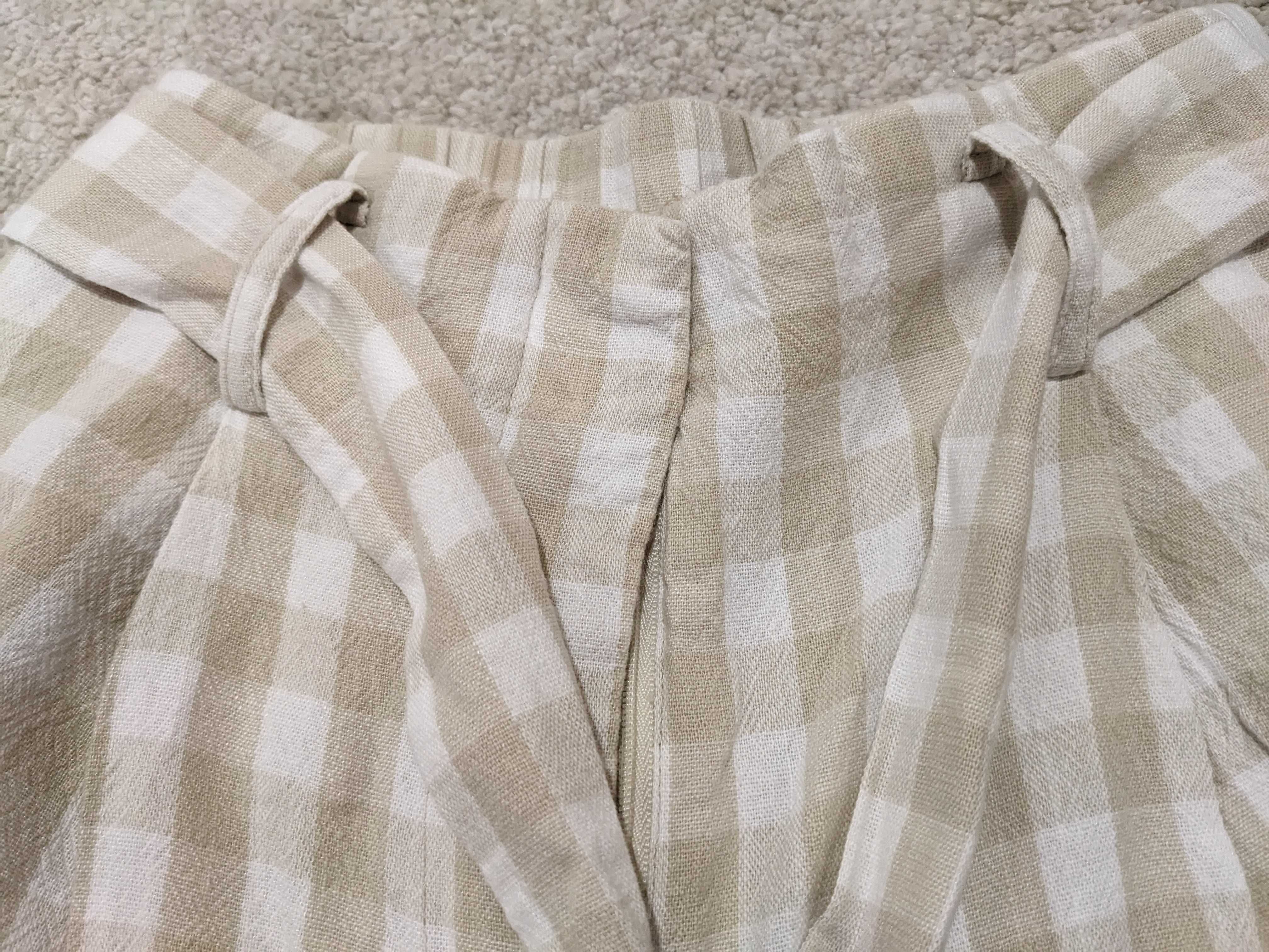 Calções Linho Quadradinhos bege/branco cintura subida (XS / Zara)