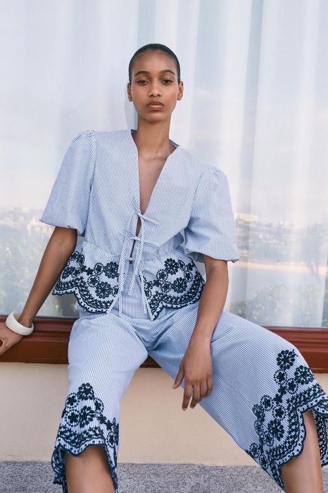 ZARA блакитний костюм котоновий кюлоти блуза в смужку хлопковый синий