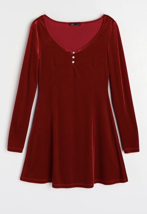 Червона велюрова міні-сукня з довгим рукавом XS