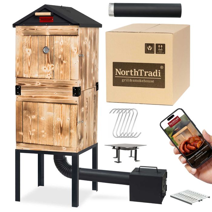 XXL Duża Wędzarnia Ogrodowa Drewniana Zestaw Palenisko Haki Rury