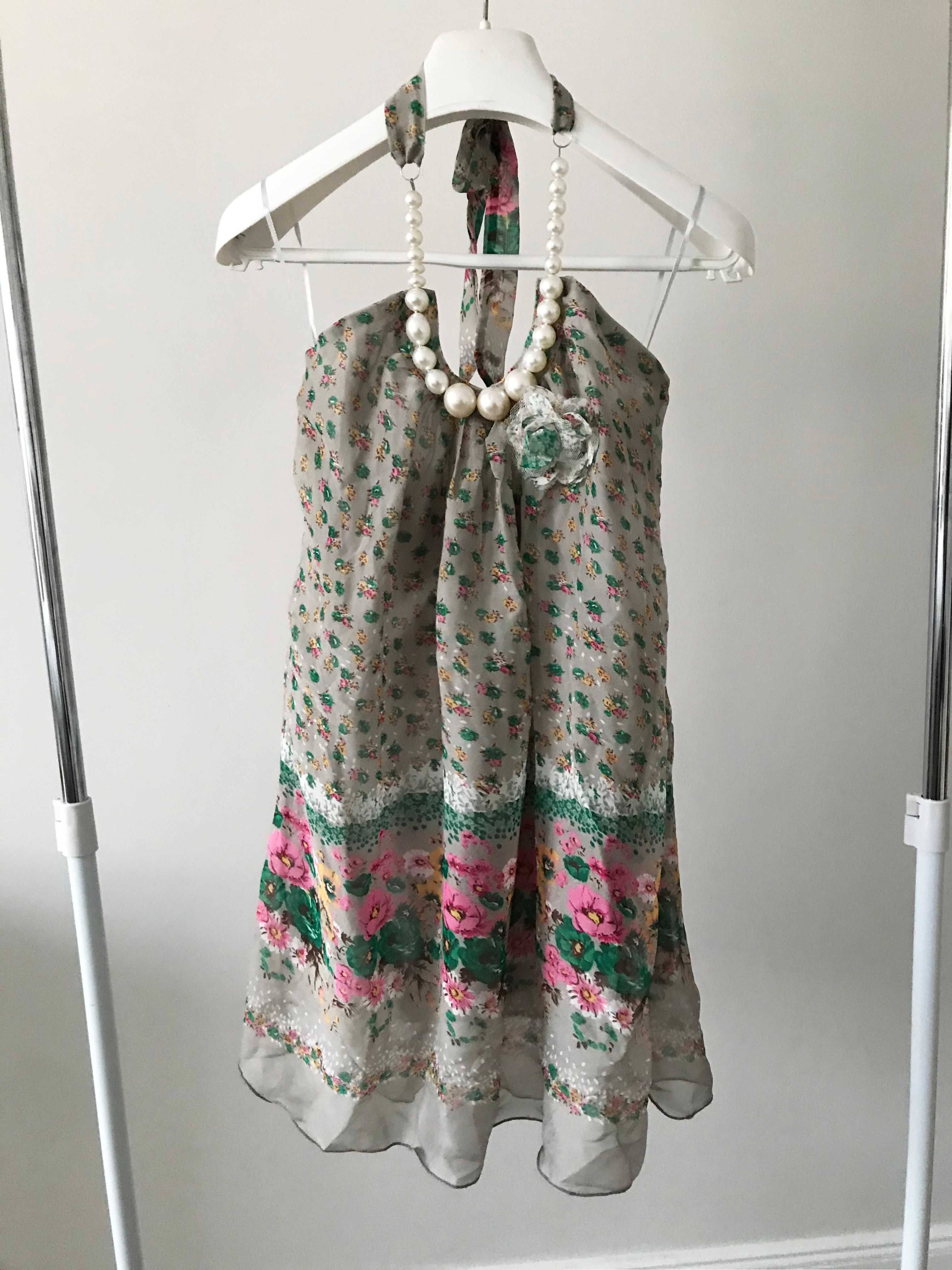 S26 sukienka mini perly kwiaty letnia xs