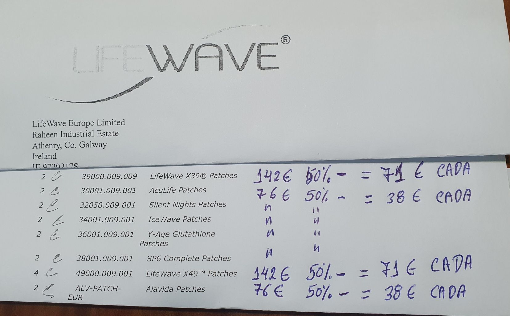Lifewave patches  x49  71€ e selente nights 38€ acualife 38€