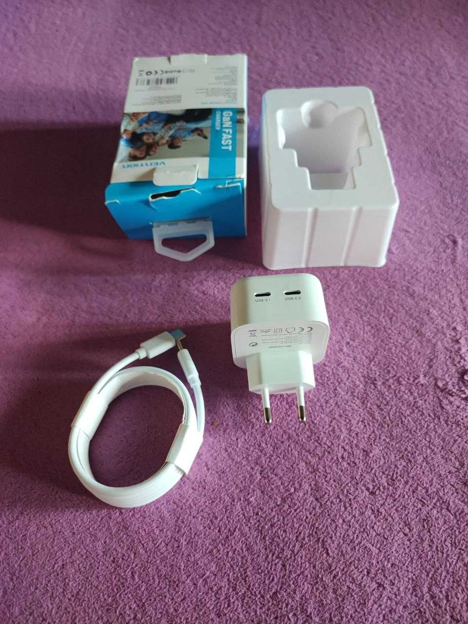 Быстрая зарядка (GaN Fast) 35W Vention Два разъема Type-C Кабель  1м