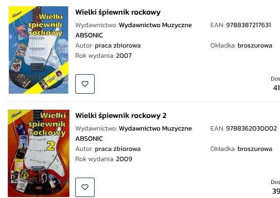 zestaw dwóch śpiewników rockowych