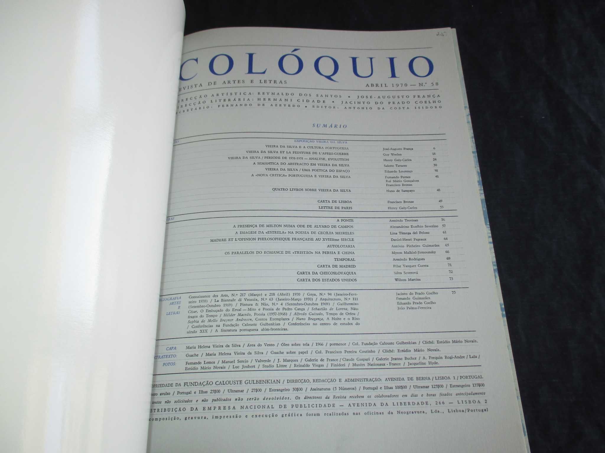 Livro Revista Colóquio Artes e Letras 58 Abril de 1970 Vieira da Silva