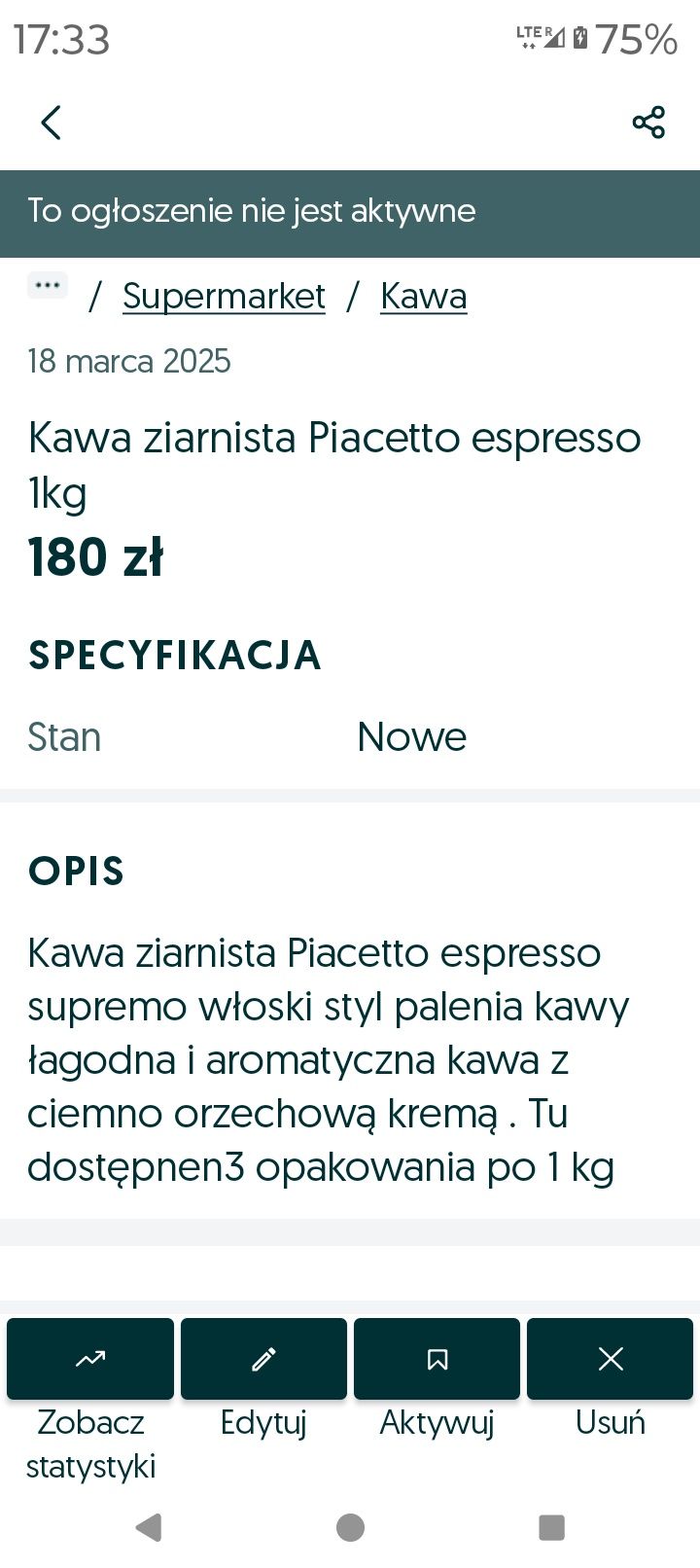 Kawa ziarnista Piacetto espresso 1kg