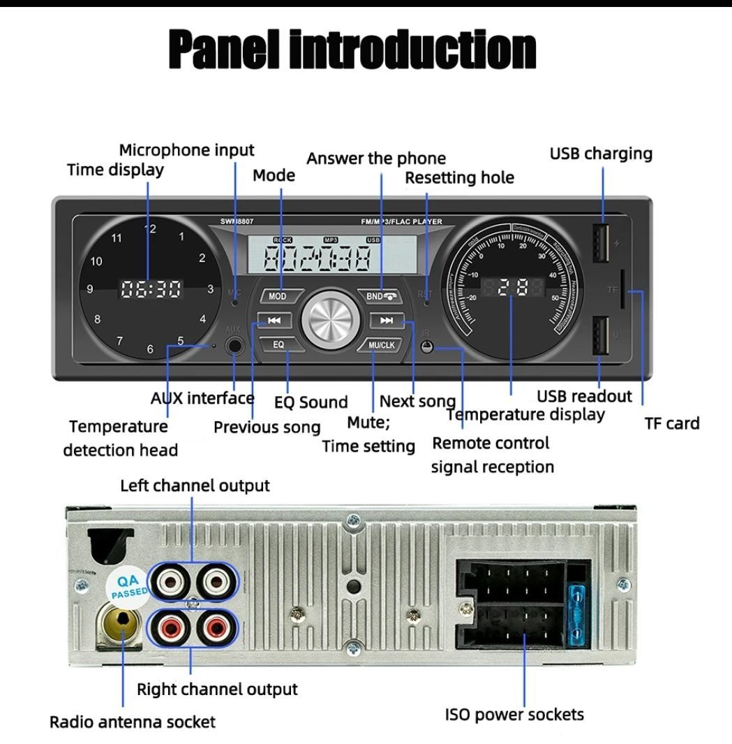 Автомагнітола  SWM 8807  Fm, USB, SD, BT, AUX, MP3 плеєр, часи.