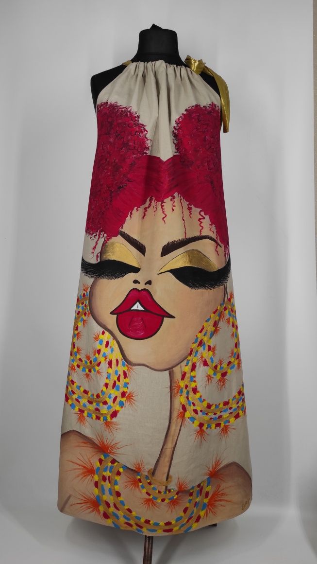 Lniana oversizowa maxi sukienka ręcznie malowana
