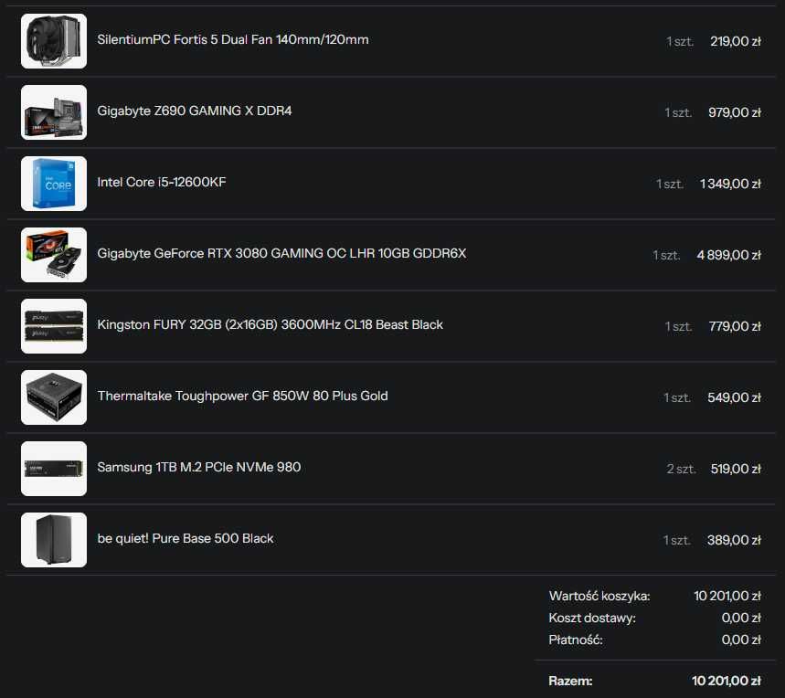 Komputer Gamingowy i5 12600KF 32GB RTX 3080 2TB NVMe
