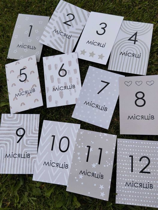 Картки для фотосесії дитини по місяцях, метрика, бірки, листівки