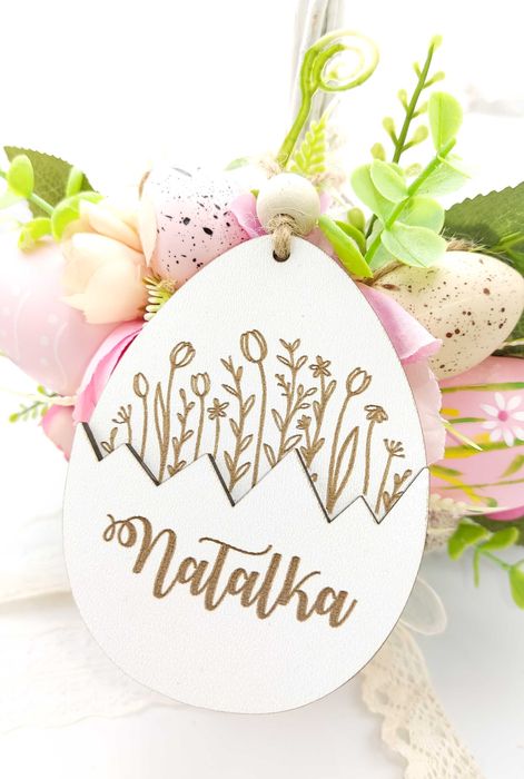 Zawieszka drewniana do koszyczka JAJKO WIELKANOC Imię grawer PREMIUM