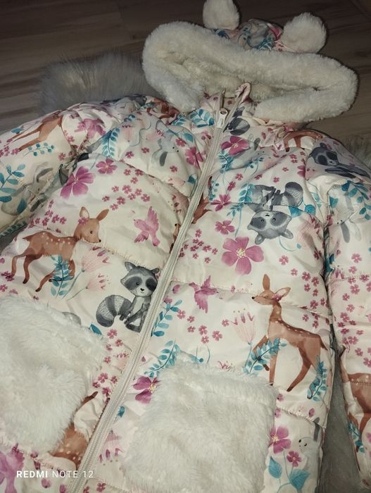 Kurtka gruba zimowa ocieplana uszy miś kieszenie płaszcz długi ociepla