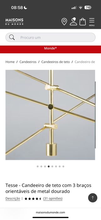 Candeeiro de teto metal dourado