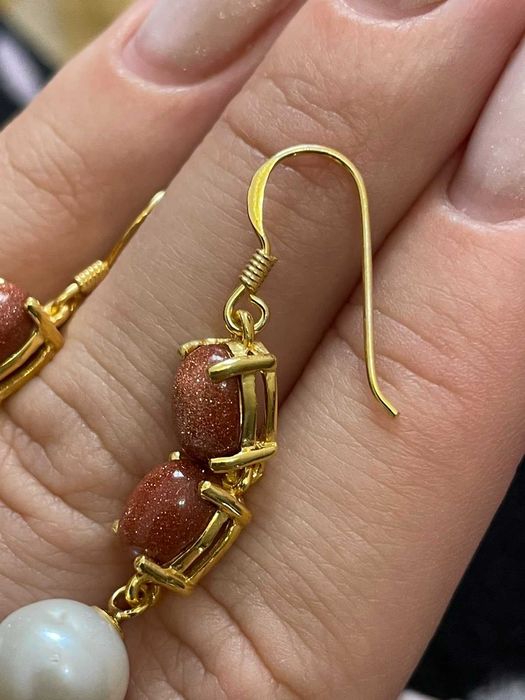 Серебряные серьги жемчугом 9мм и золотым песком