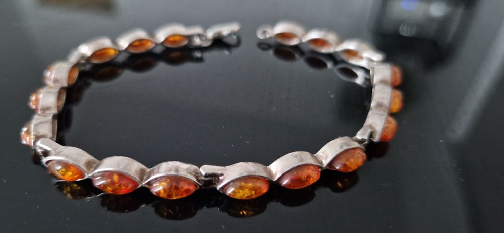 14g 925 srebrna bransoletka z bursztynami piękna bursztyny