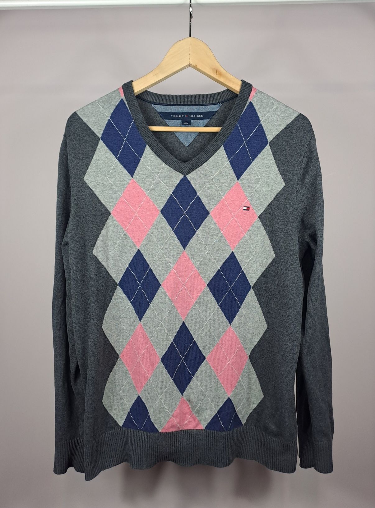 Tommy Hilfiger elegancki męski sweter w romby bawełna 100% r.M