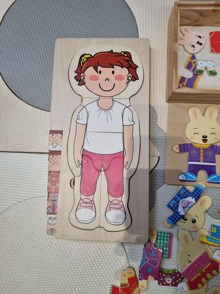 Puzzle ciało czlowieka drewniane, przebieranki rodzina królików