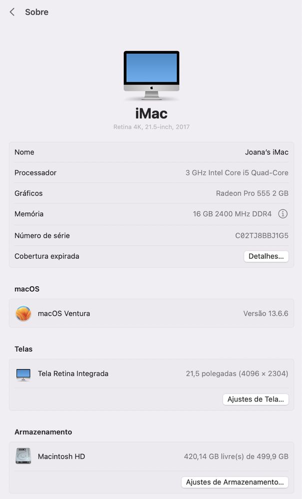 IMAC (Retina 4K, 21,5 inch, 2017) macOS Ventura 13.6.6