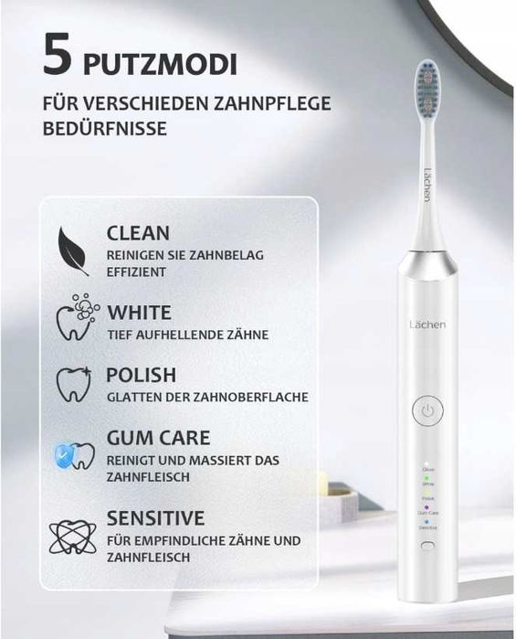 LÄCHEN Elektryczna Szczoteczka Soniczna 5 Trybów 6 Główki IPX7 Biała