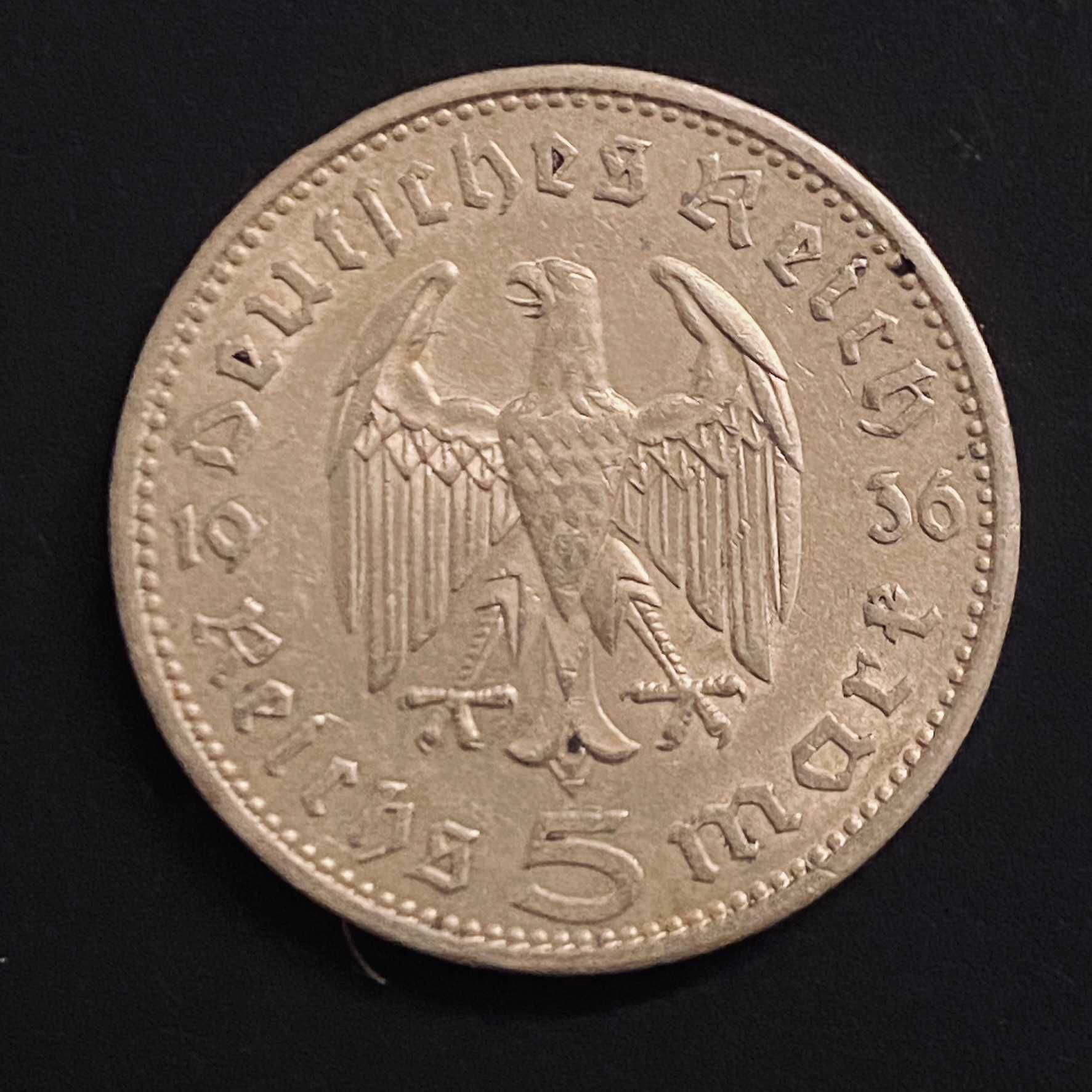 Niemcy (III Rzesza), 5 reichsmarek, 1936 rok, Ag 0,900