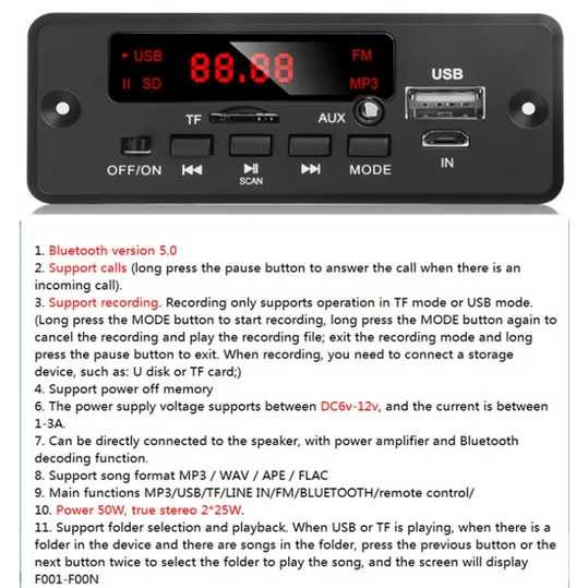 Módulo Leitor MP3 / FM Com Bluetooth, USB, AUX, SD