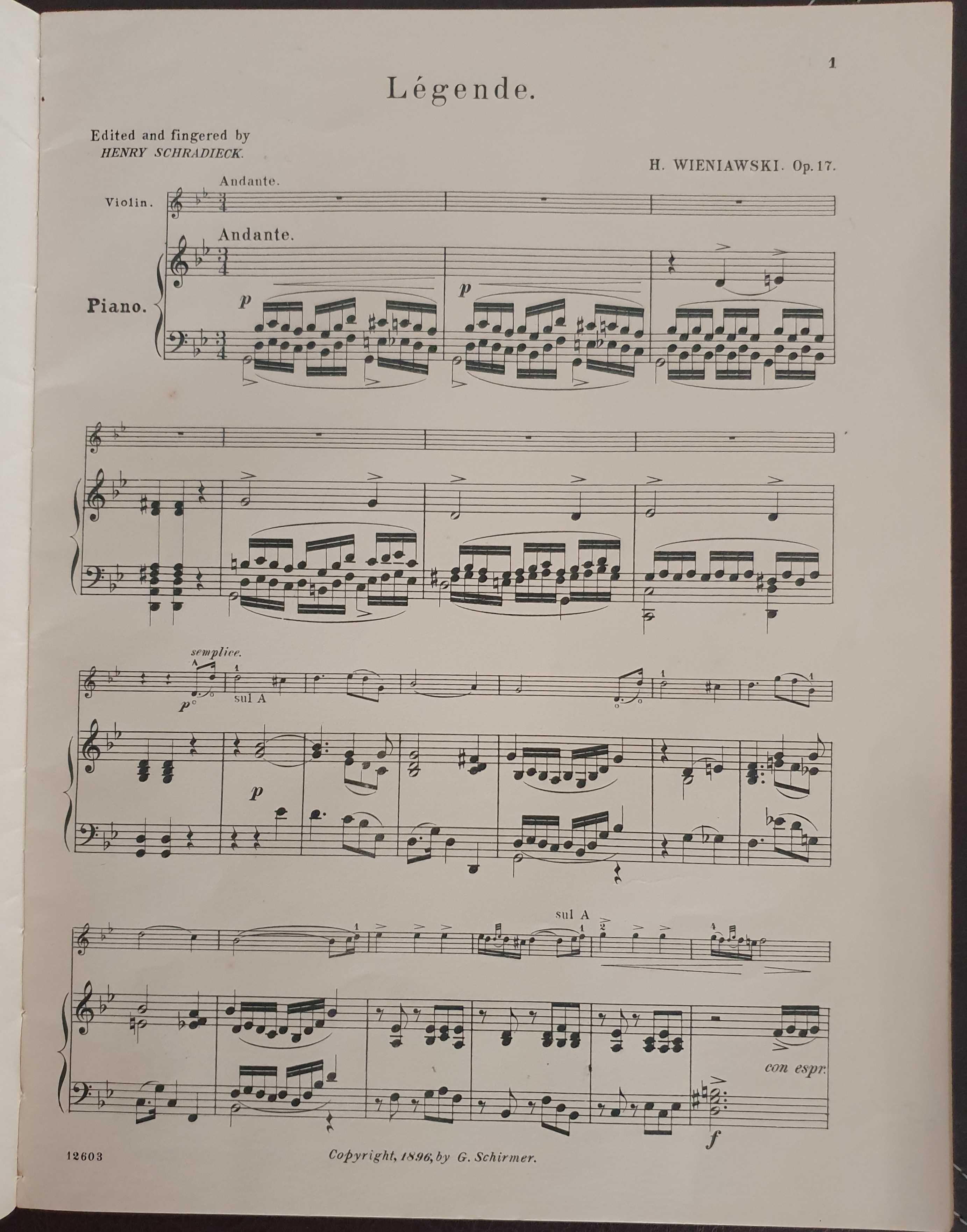 Partitura Musical Séc. XIX: H. Wieniawski - Schradieck, New York, 1896