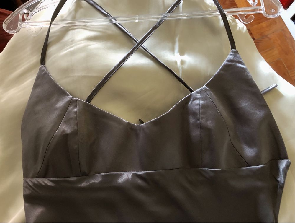 Vestido comprido seda prateado