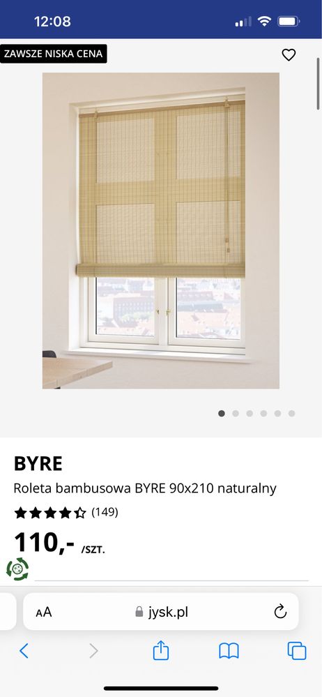 Roleta żaluzja JYSK drewniana bambusowa 90x210 cm