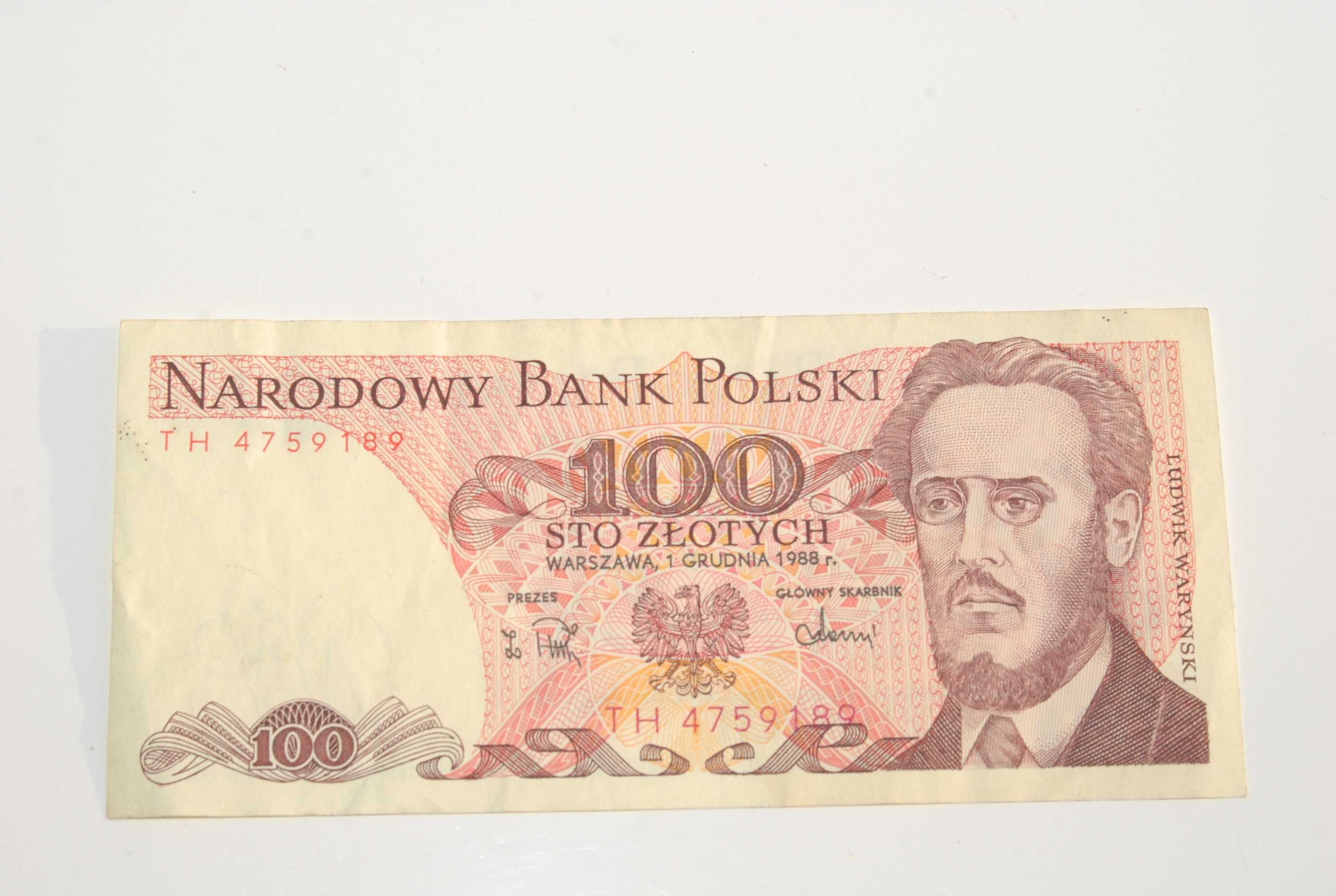 Stary banknot 100 złotych Waryński 1988 antyk